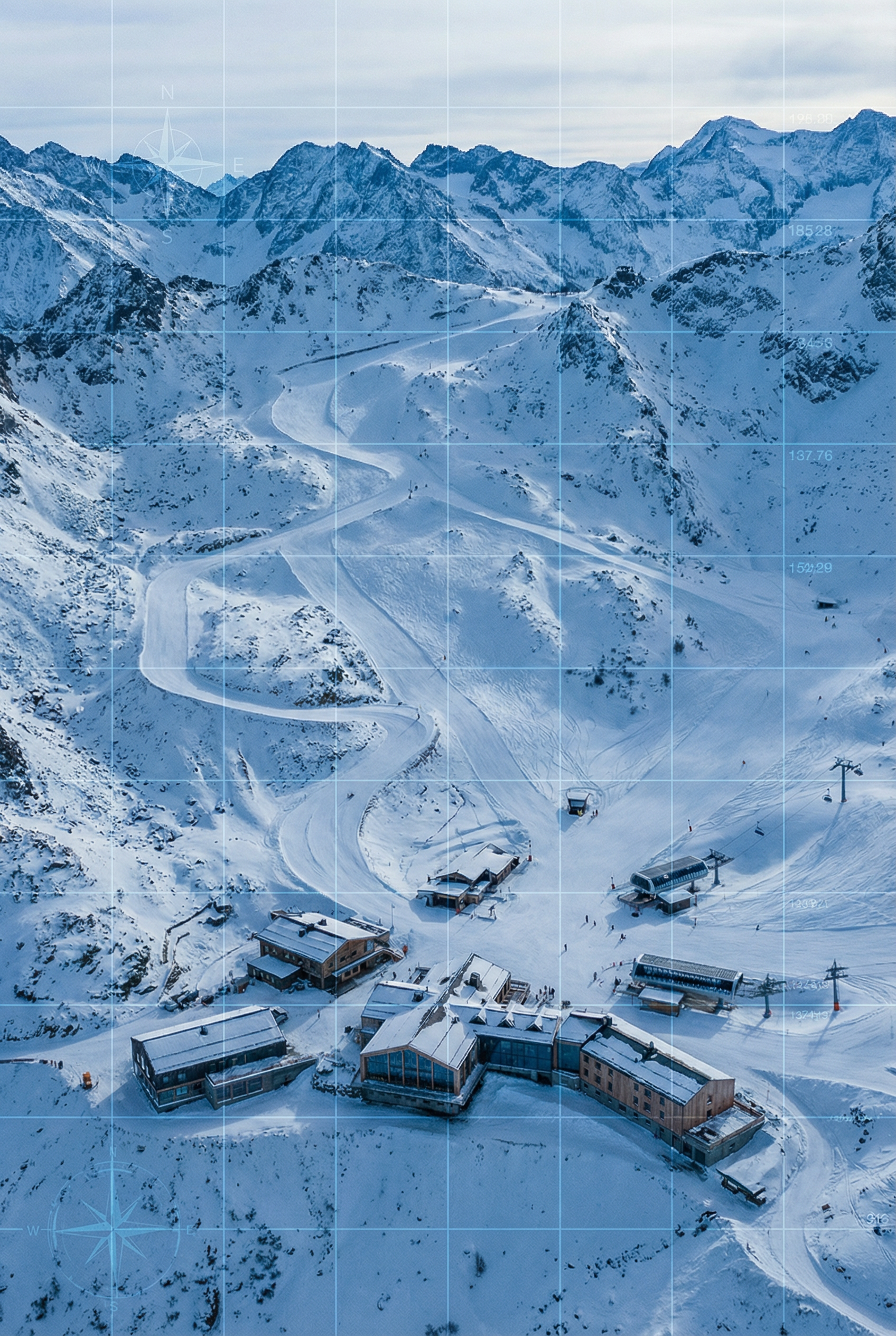 Aerial view of ski resort with map data overlay